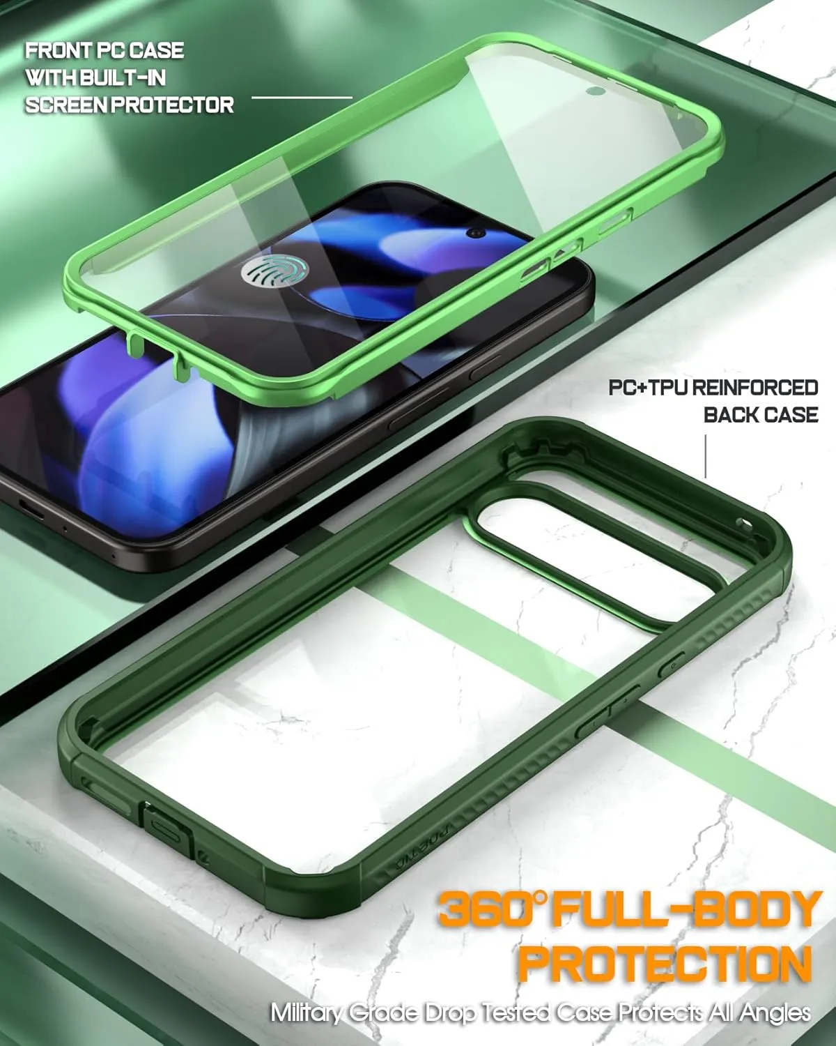 Poetic Guardian Case for Google Pixel 9/9 Pro 5G 6.3 inch, Built-in Screen Protector [Work with Fingerprint ID], [2 Front Frame] Full Body Shockproof Rugged Clear Cover Case, Green/Clear