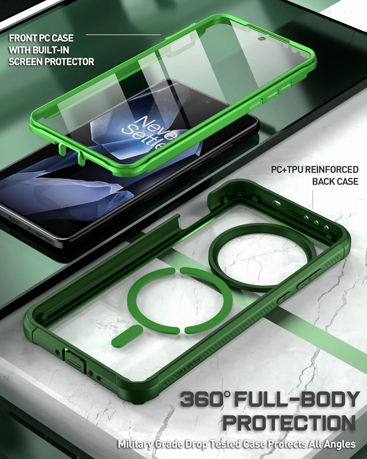 Poetic Guardian Case for OnePlus 13 5G, Built-in Screen Protector [Work with Fingerprint ID], [2 Front Frame] Full Body Shockproof Rugged Clear Cover Case, Green/Clear