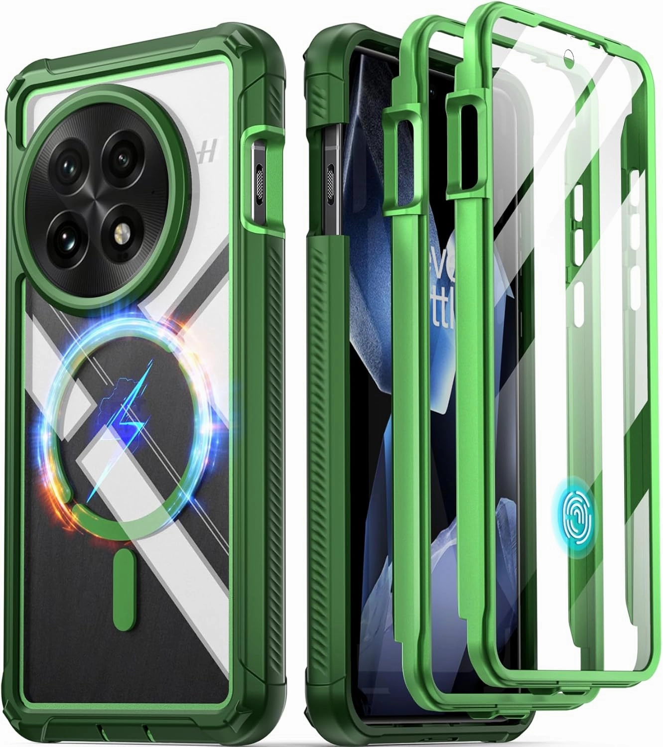 Poetic Guardian Case for OnePlus 13 5G, Built-in Screen Protector [Work with Fingerprint ID], [2 Front Frame] Full Body Shockproof Rugged Clear Cover Case, Green/Clear