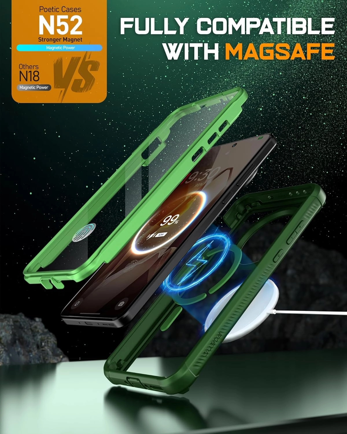 Poetic Guardian Case for OnePlus 13 5G, Built-in Screen Protector [Work with Fingerprint ID], [2 Front Frame] Full Body Shockproof Rugged Clear Cover Case, Green/Clear