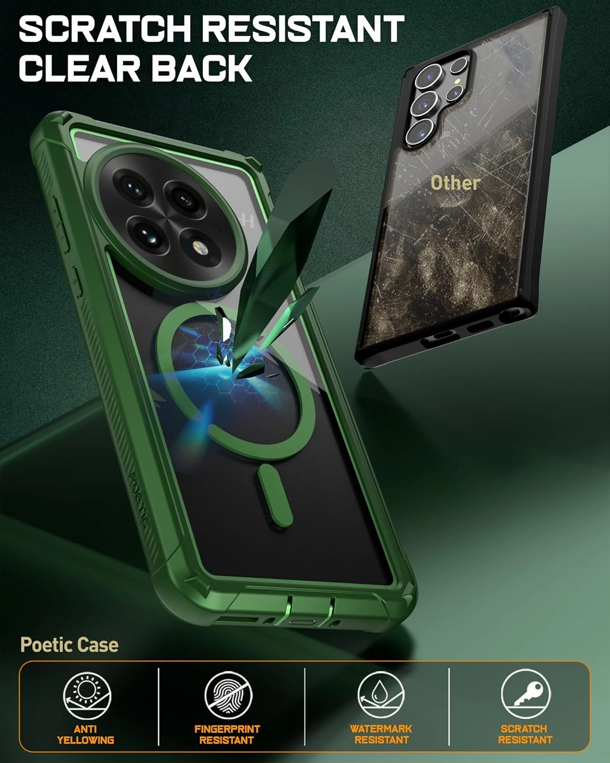 Poetic Guardian Case for OnePlus 13 5G, Built-in Screen Protector [Work with Fingerprint ID], [2 Front Frame] Full Body Shockproof Rugged Clear Cover Case, Green/Clear