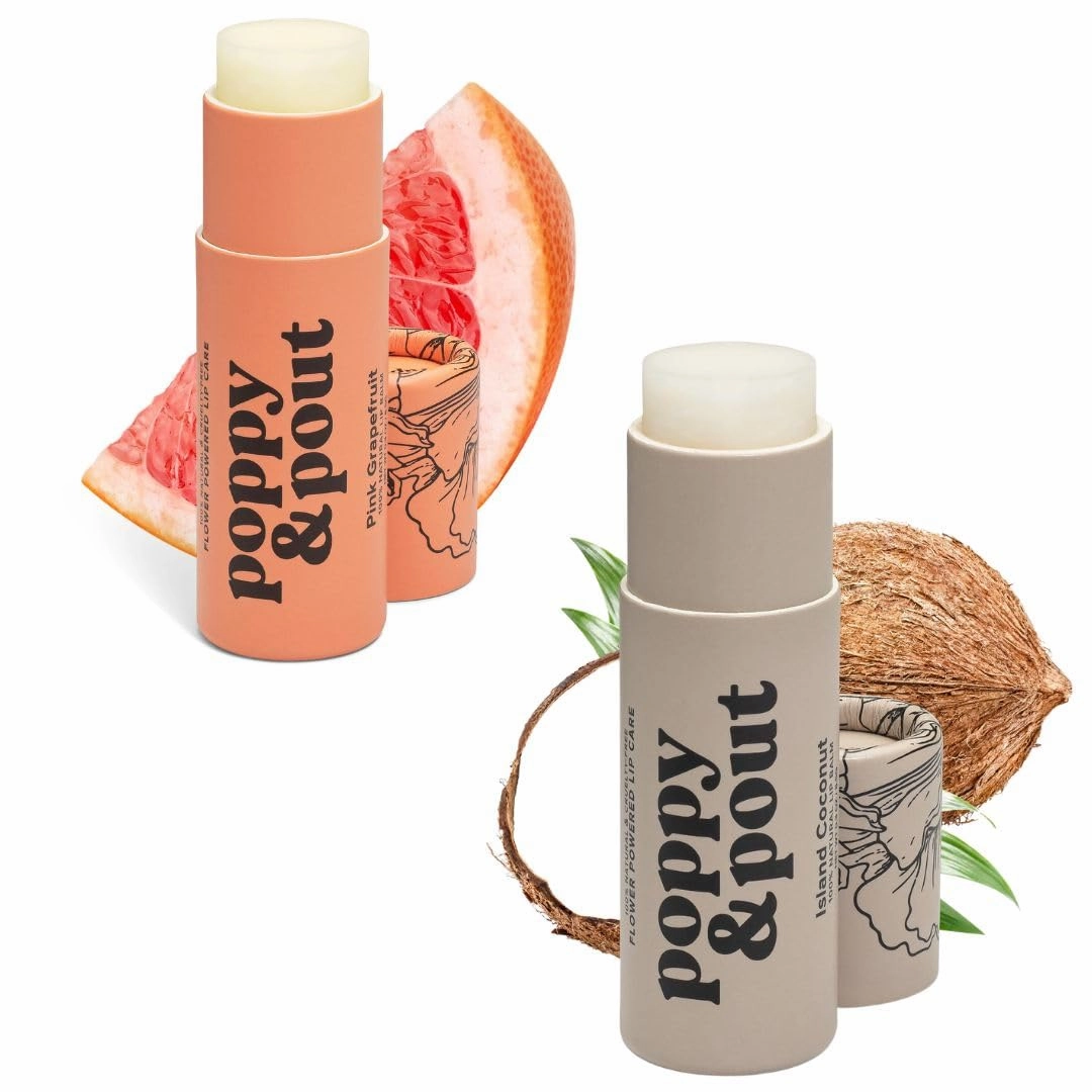 Poppy & Pout Jumbo Lip Balm 2 Pack, All Natural Lip Balms & Moisturizers, Hydrates with Beeswax, Vitamin E, Organic Coconut, Island Coconut & Pink Grapefruit