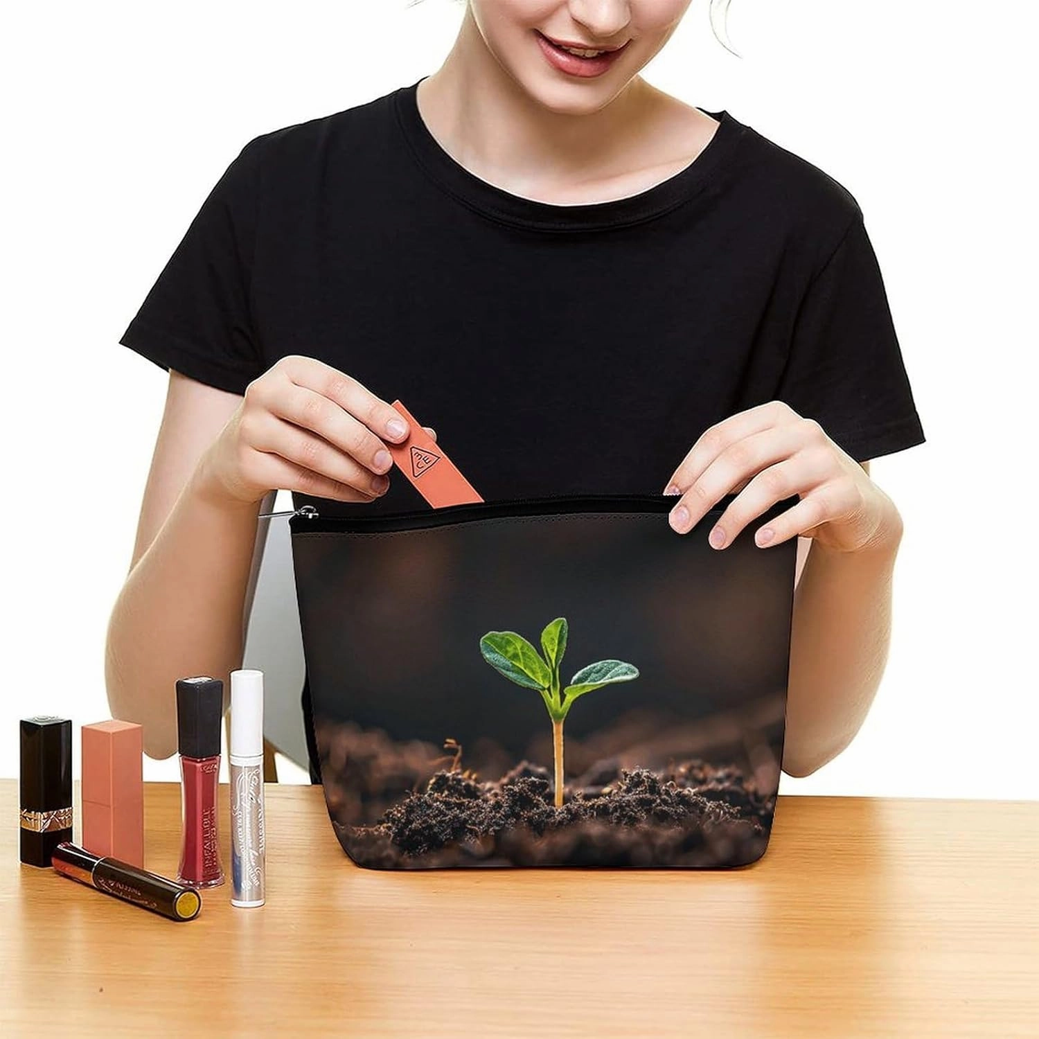 Portable Small Cosmetic Bag Cute Travel Makeup Bag A Seedling Sprouts Waterproof Toiletry Bag for Women
