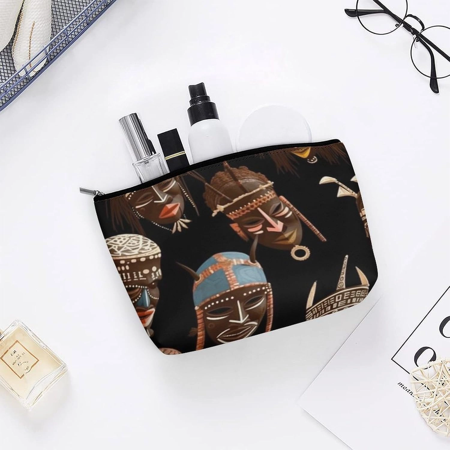 Portable Small Cosmetic Bag Cute Travel Makeup Bag African Ritual Ethnic Tribal Waterproof Toiletry Bag for Women