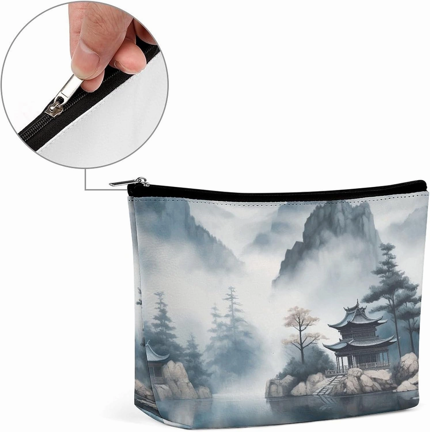 Portable Small Cosmetic Bag Cute Travel Makeup Bag Asian Landscape Painting Waterproof Toiletry Bag for Women