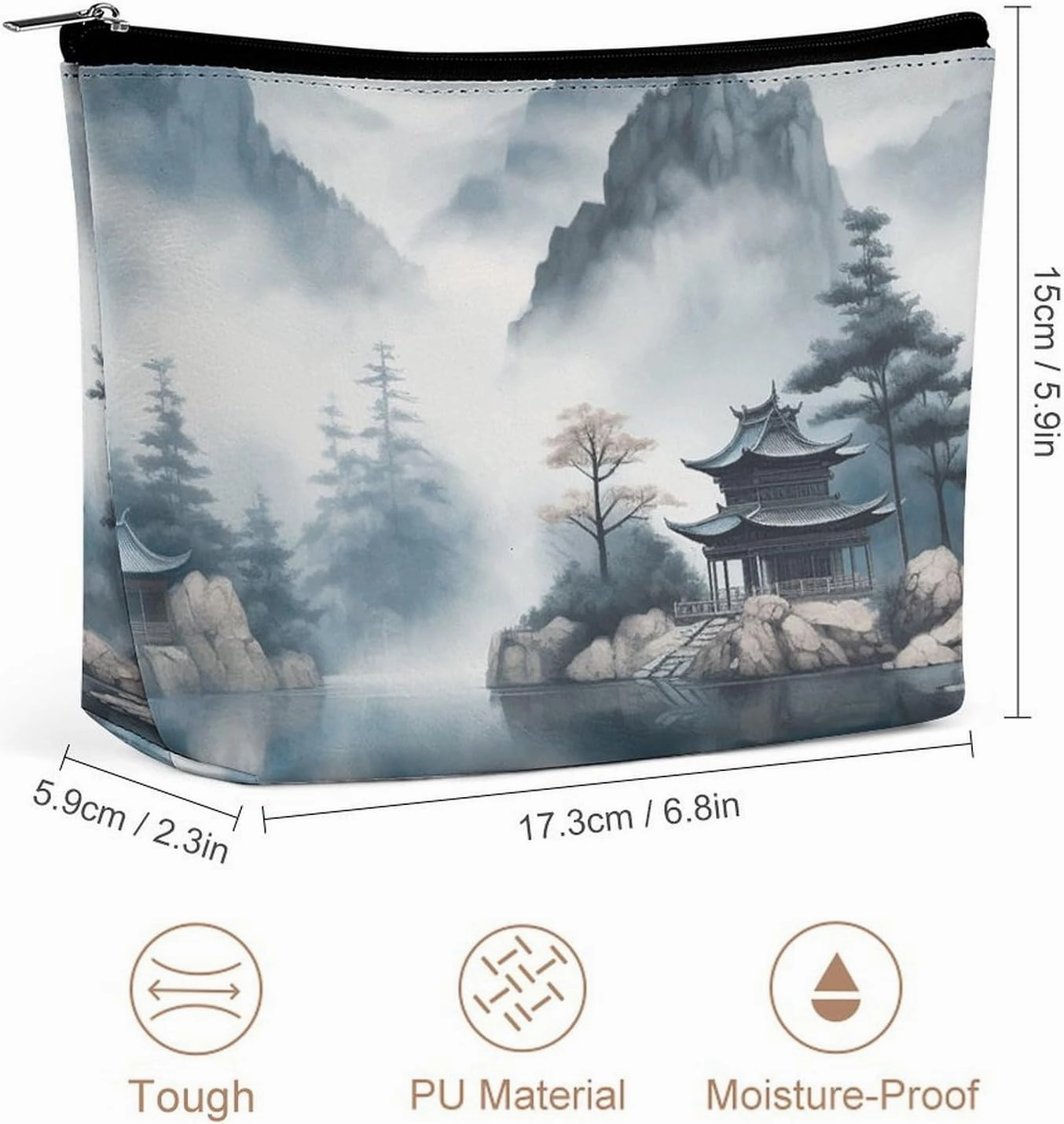 Portable Small Cosmetic Bag Cute Travel Makeup Bag Asian Landscape Painting Waterproof Toiletry Bag for Women