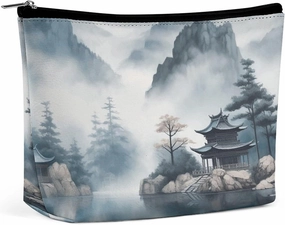 Portable Small Cosmetic Bag Cute Travel Makeup Bag Asian Landscape Painting Waterproof Toiletry Bag for Women