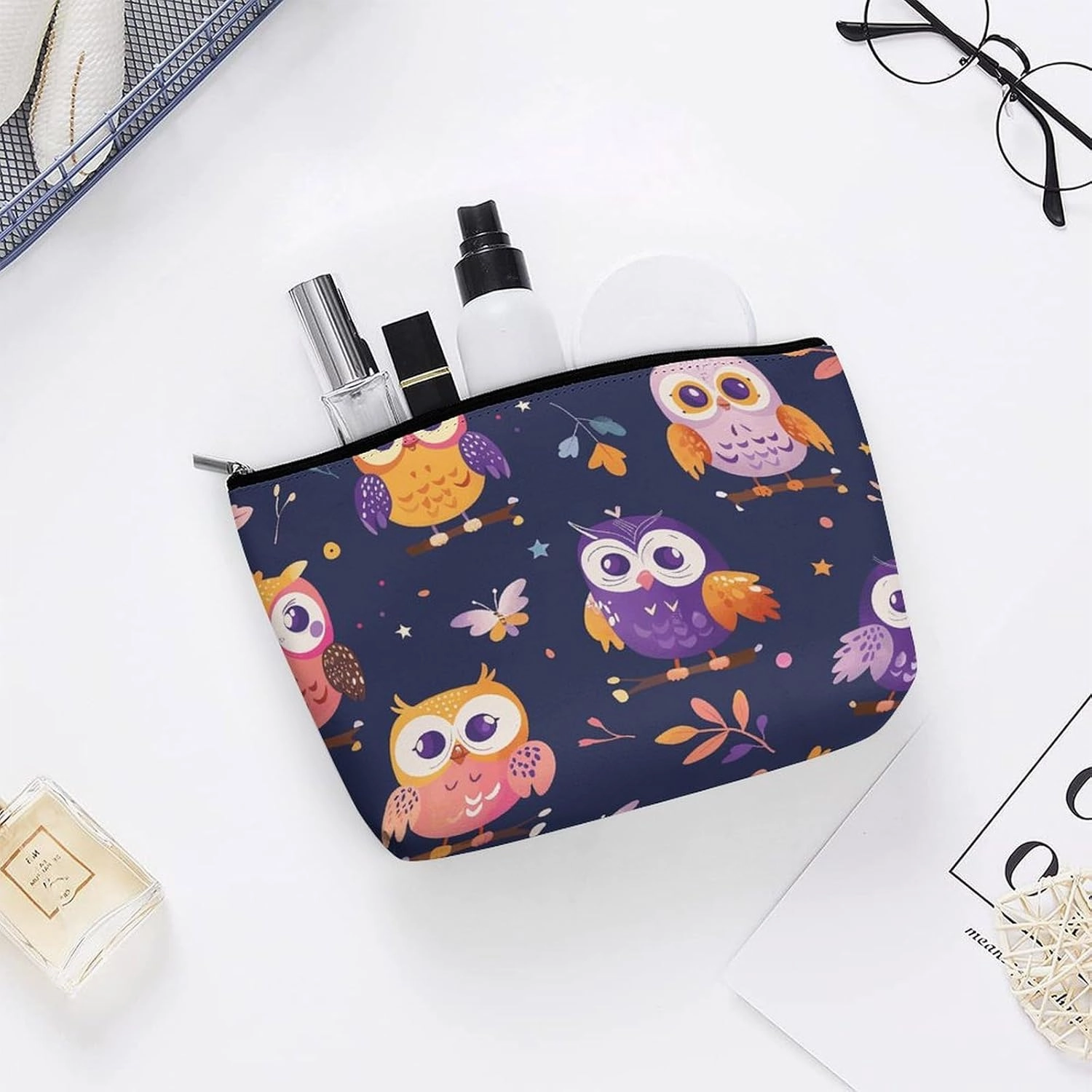 Portable Small Cosmetic Bag Cute Travel Makeup Bag Cartoon Owl Pattern Waterproof Toiletry Bag for Women