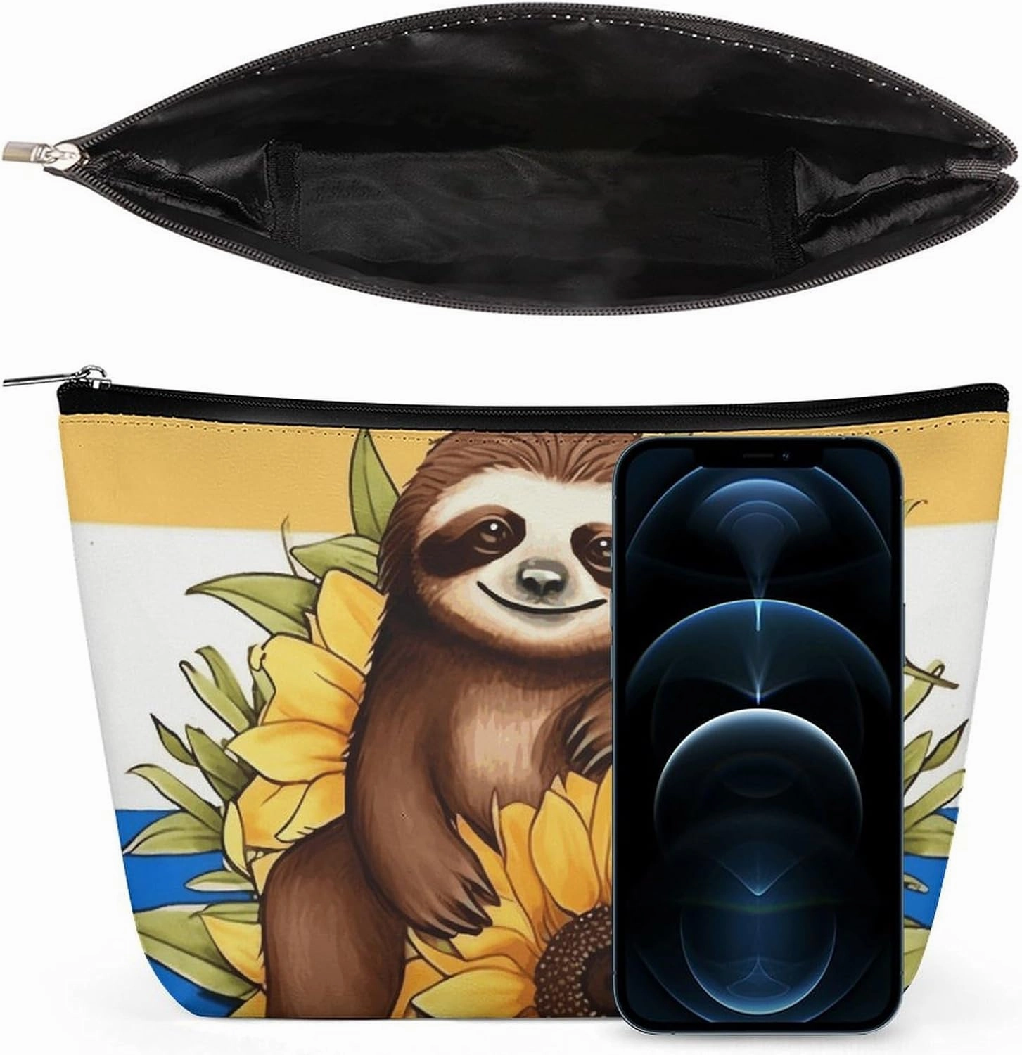 Portable Small Cosmetic Bag Cute Travel Makeup Bag Cartoon Sloth Sitting on Sunflower Waterproof Toiletry Bag for Women