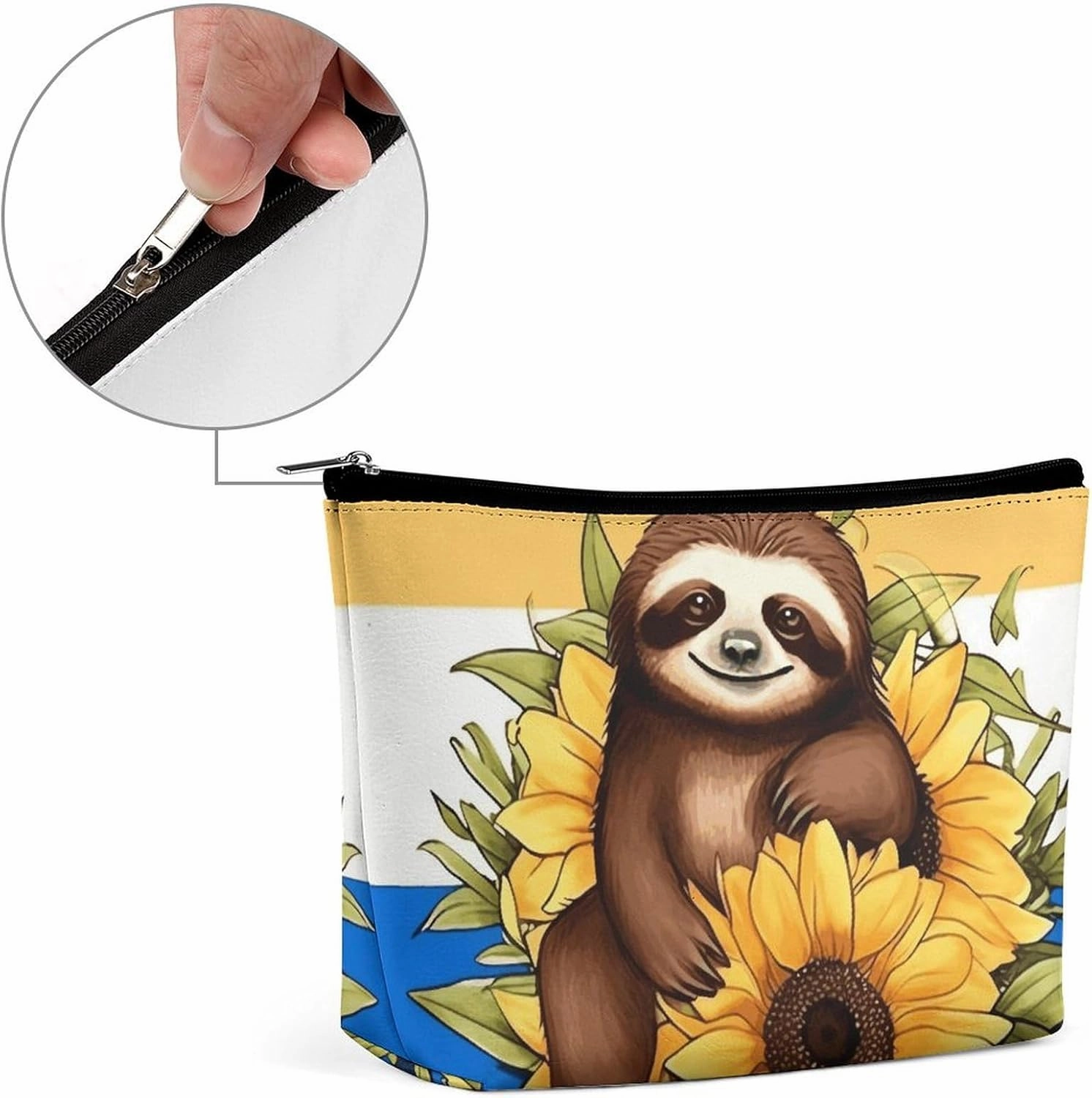 Portable Small Cosmetic Bag Cute Travel Makeup Bag Cartoon Sloth Sitting on Sunflower Waterproof Toiletry Bag for Women