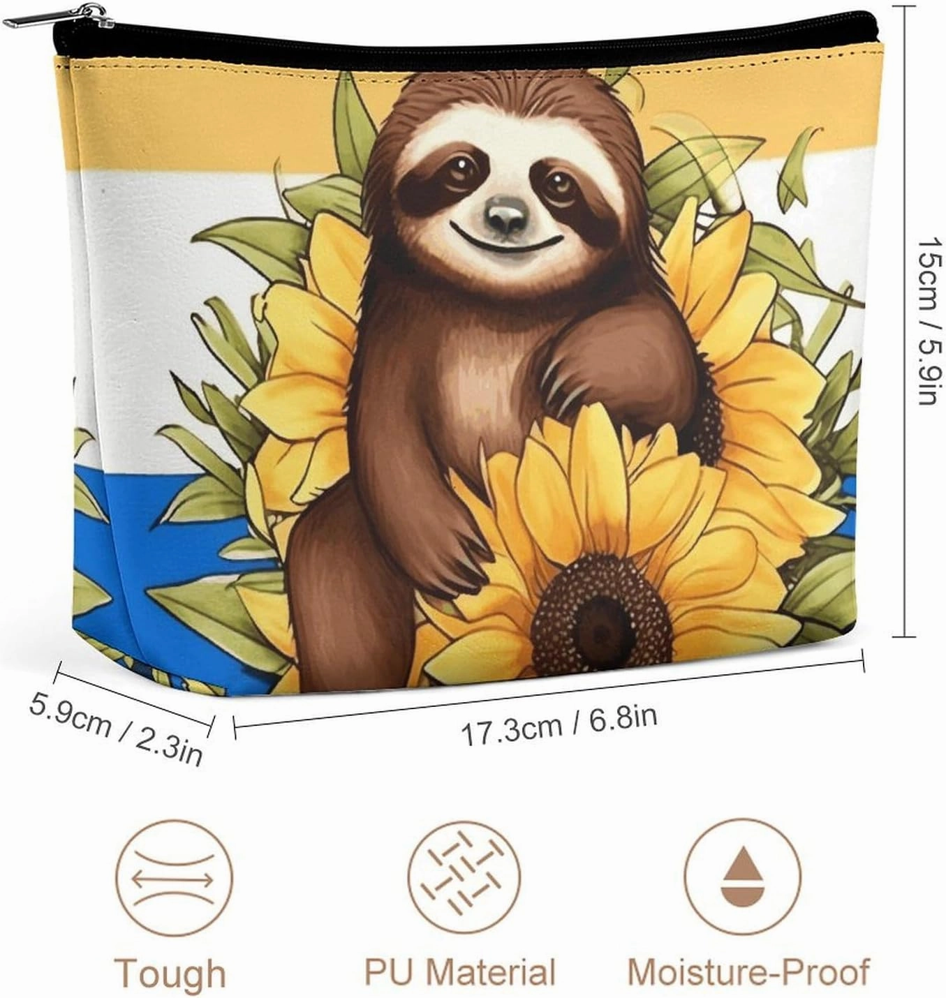 Portable Small Cosmetic Bag Cute Travel Makeup Bag Cartoon Sloth Sitting on Sunflower Waterproof Toiletry Bag for Women