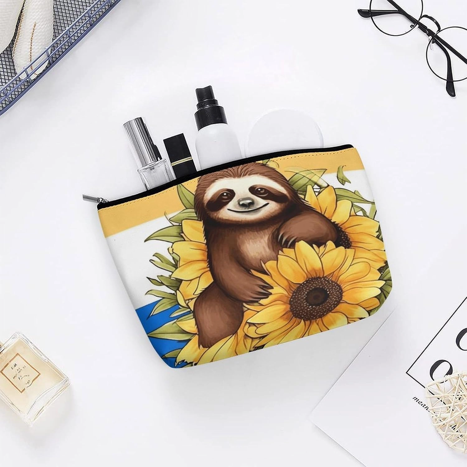 Portable Small Cosmetic Bag Cute Travel Makeup Bag Cartoon Sloth Sitting on Sunflower Waterproof Toiletry Bag for Women