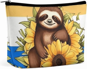 Portable Small Cosmetic Bag Cute Travel Makeup Bag Cartoon Sloth Sitting on Sunflower Waterproof Toiletry Bag for Women