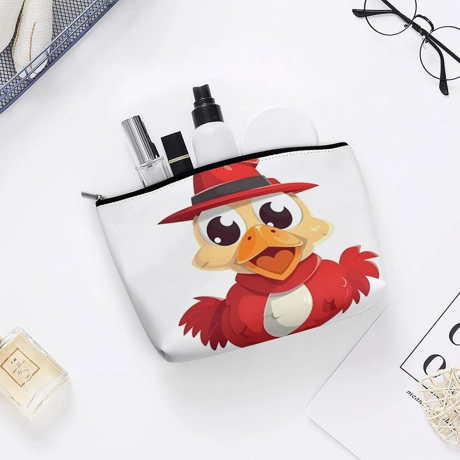 Portable Small Cosmetic Bag Cute Travel Makeup Bag Chicken Wearing Hat Waterproof Toiletry Bag for Women