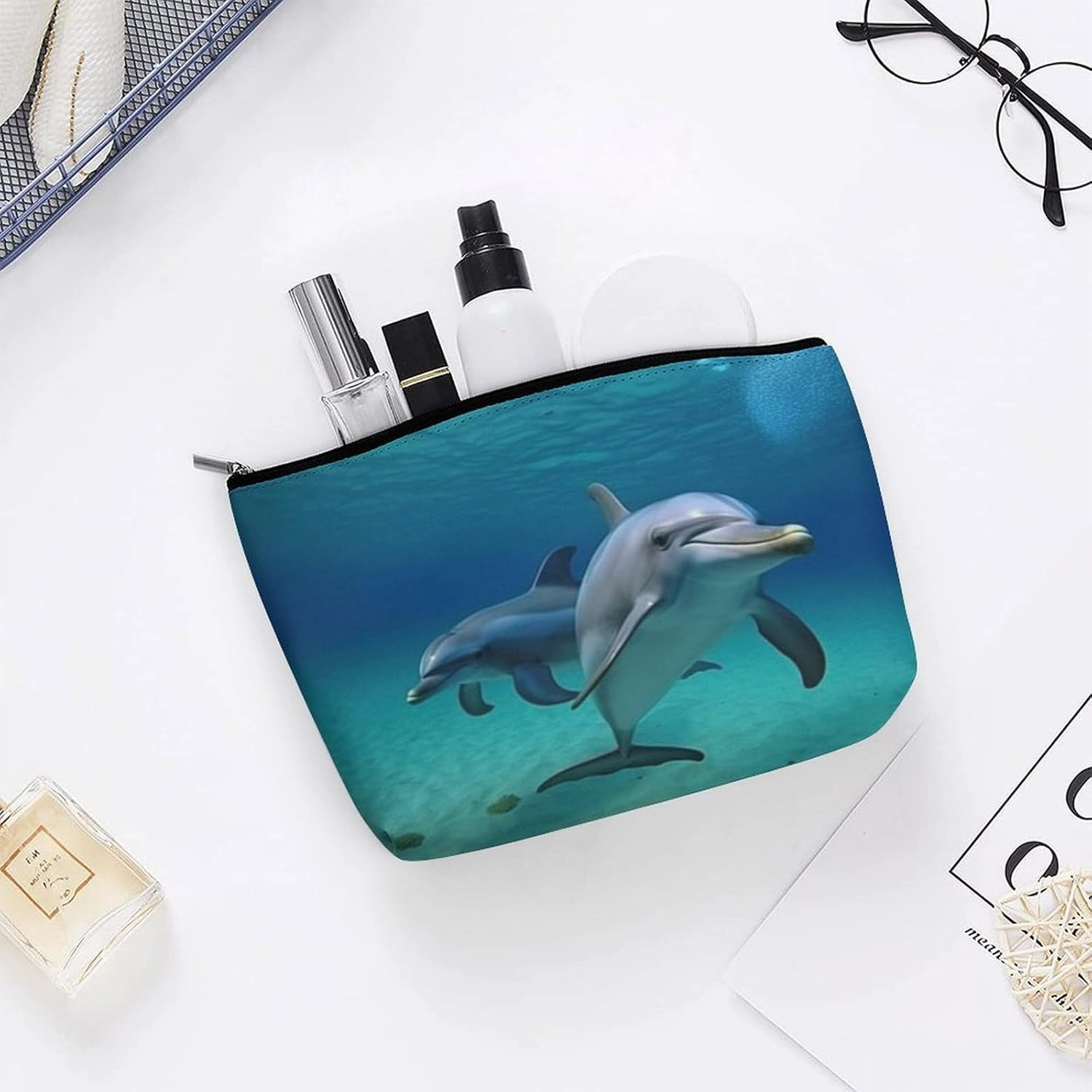 Portable Small Cosmetic Bag Cute Travel Makeup Bag Dolphins Underwater Waterproof Toiletry Bag for Women