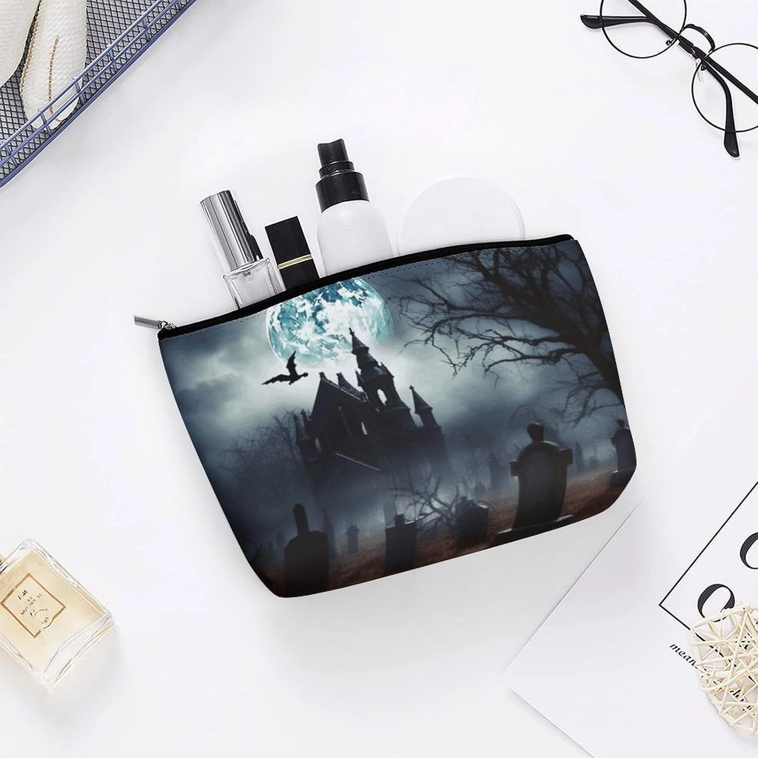 Portable Small Cosmetic Bag Cute Travel Makeup Bag Gothic Happy Halloween Waterproof Toiletry Bag for Women