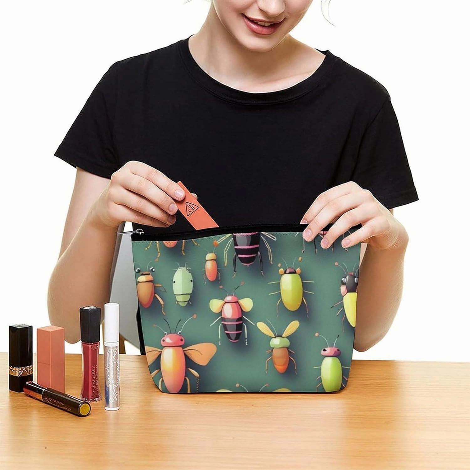 Portable Small Cosmetic Bag Cute Travel Makeup Bag Insect Atlas Waterproof Toiletry Bag for Women