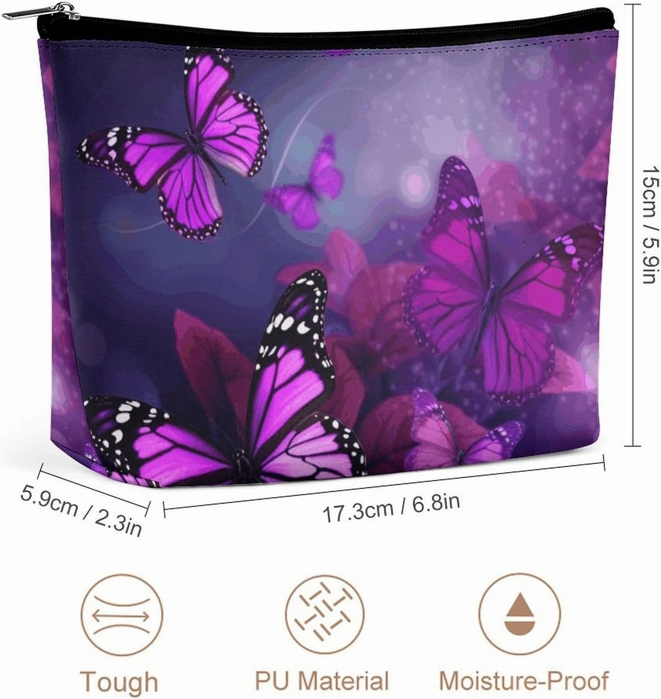 Portable Small Cosmetic Bag Cute Travel Makeup Bag Purple Butterflies Waterproof Toiletry Bag for Women