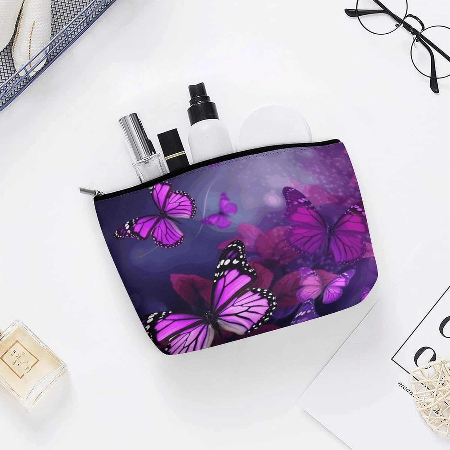 Portable Small Cosmetic Bag Cute Travel Makeup Bag Purple Butterflies Waterproof Toiletry Bag for Women