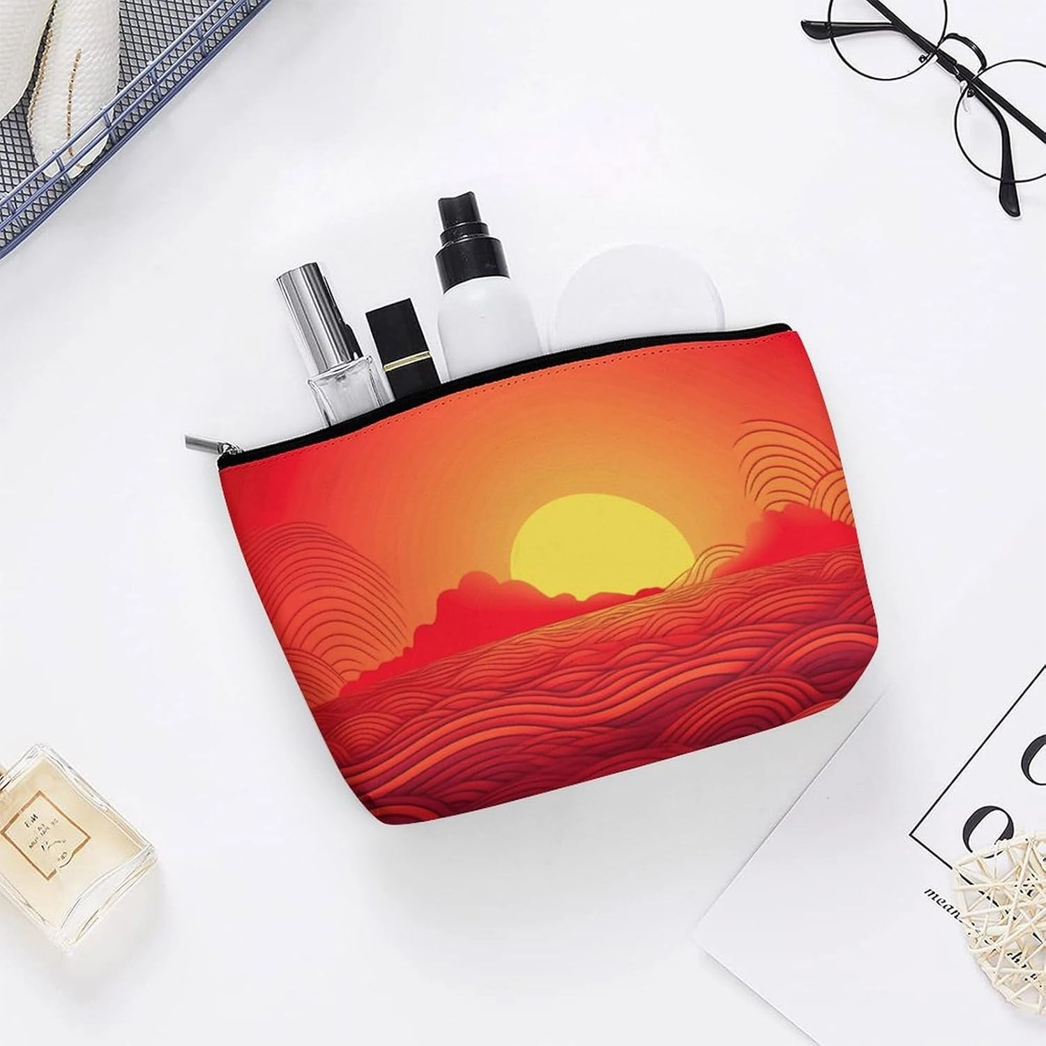 Portable Small Cosmetic Bag Cute Travel Makeup Bag Red Sunrise Waterproof Toiletry Bag for Women