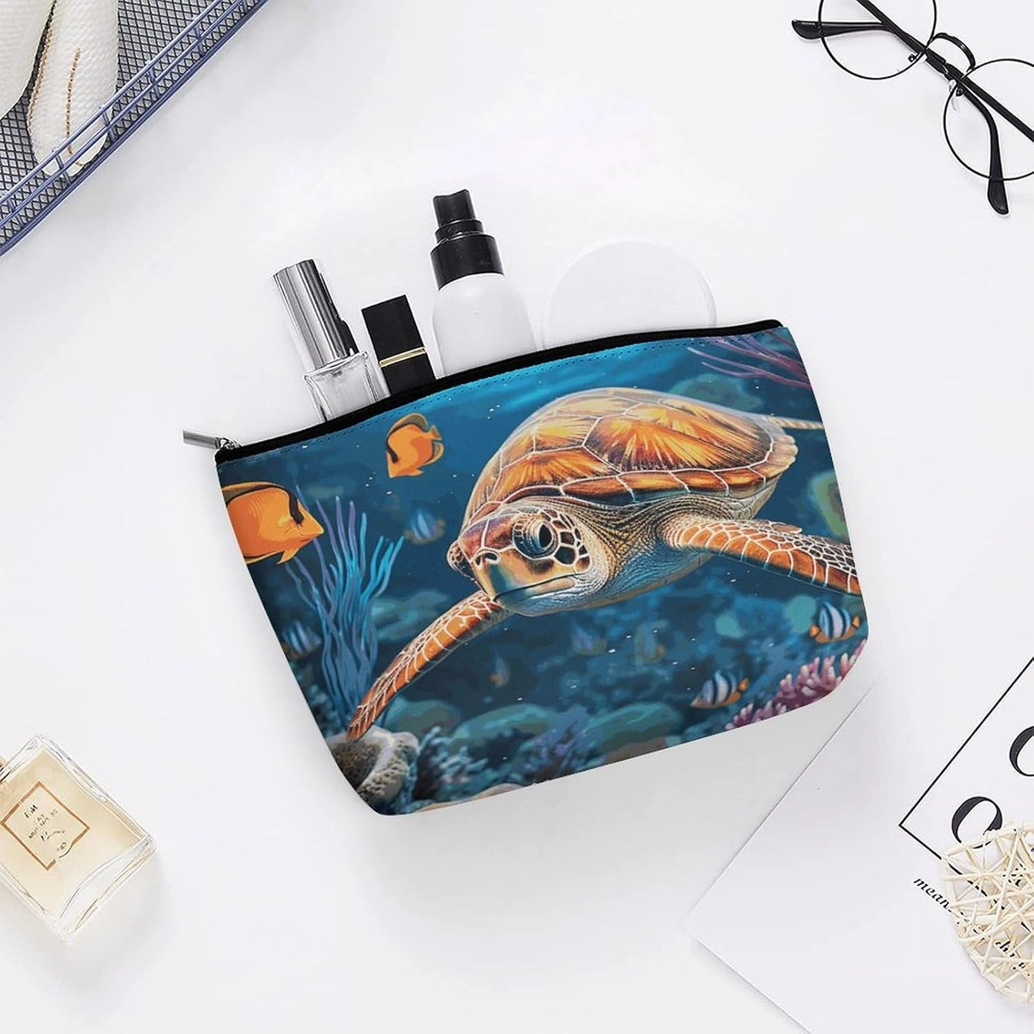 Portable Small Cosmetic Bag Cute Travel Makeup Bag Tropical Fish Starfish Waterproof Toiletry Bag for Women