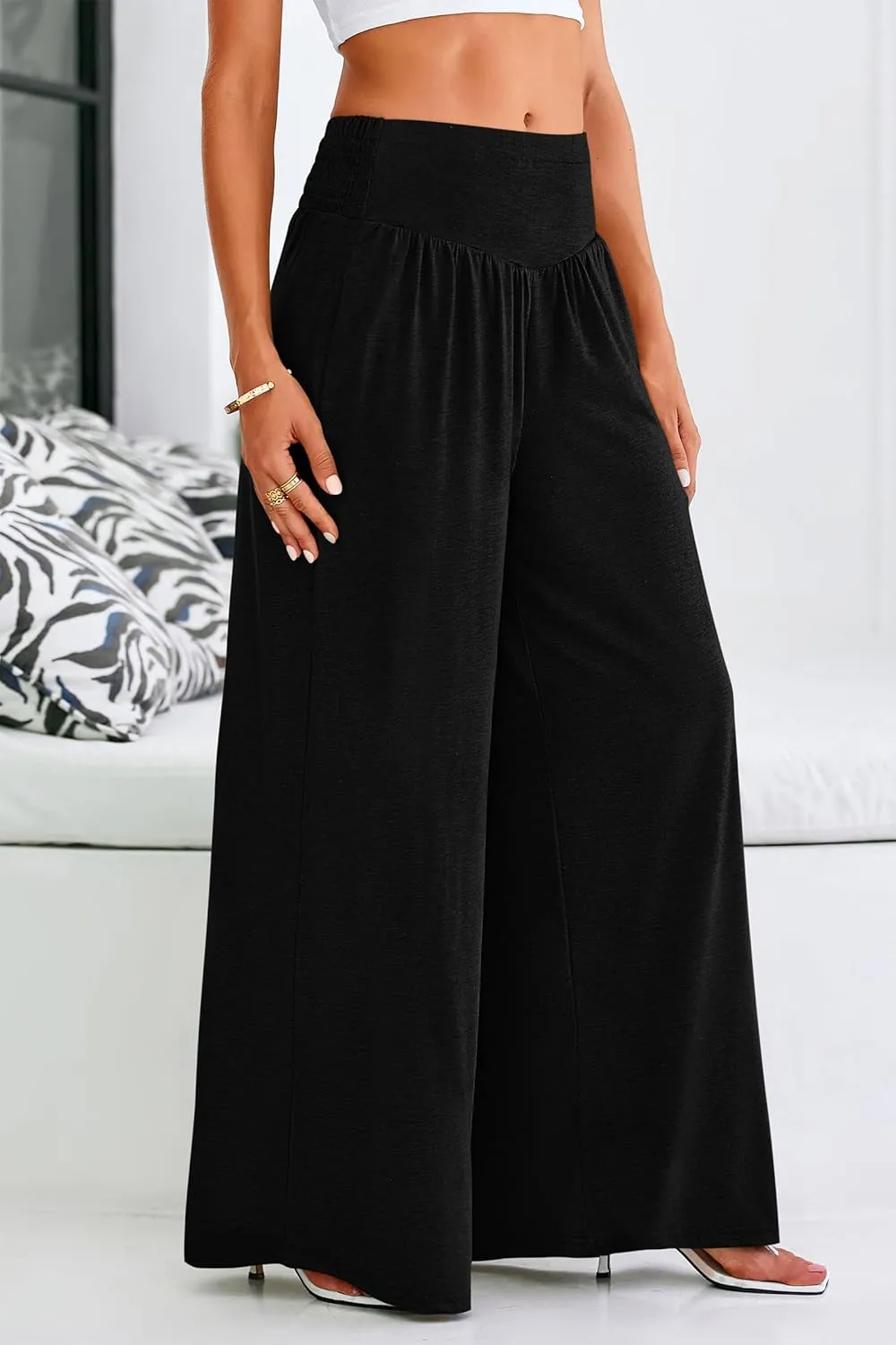 PRETTYGARDEN Women's Summer Wide Leg Trouser Pants Casual High Waisted Flowy Palazzo Lounge Pant with Pockets
