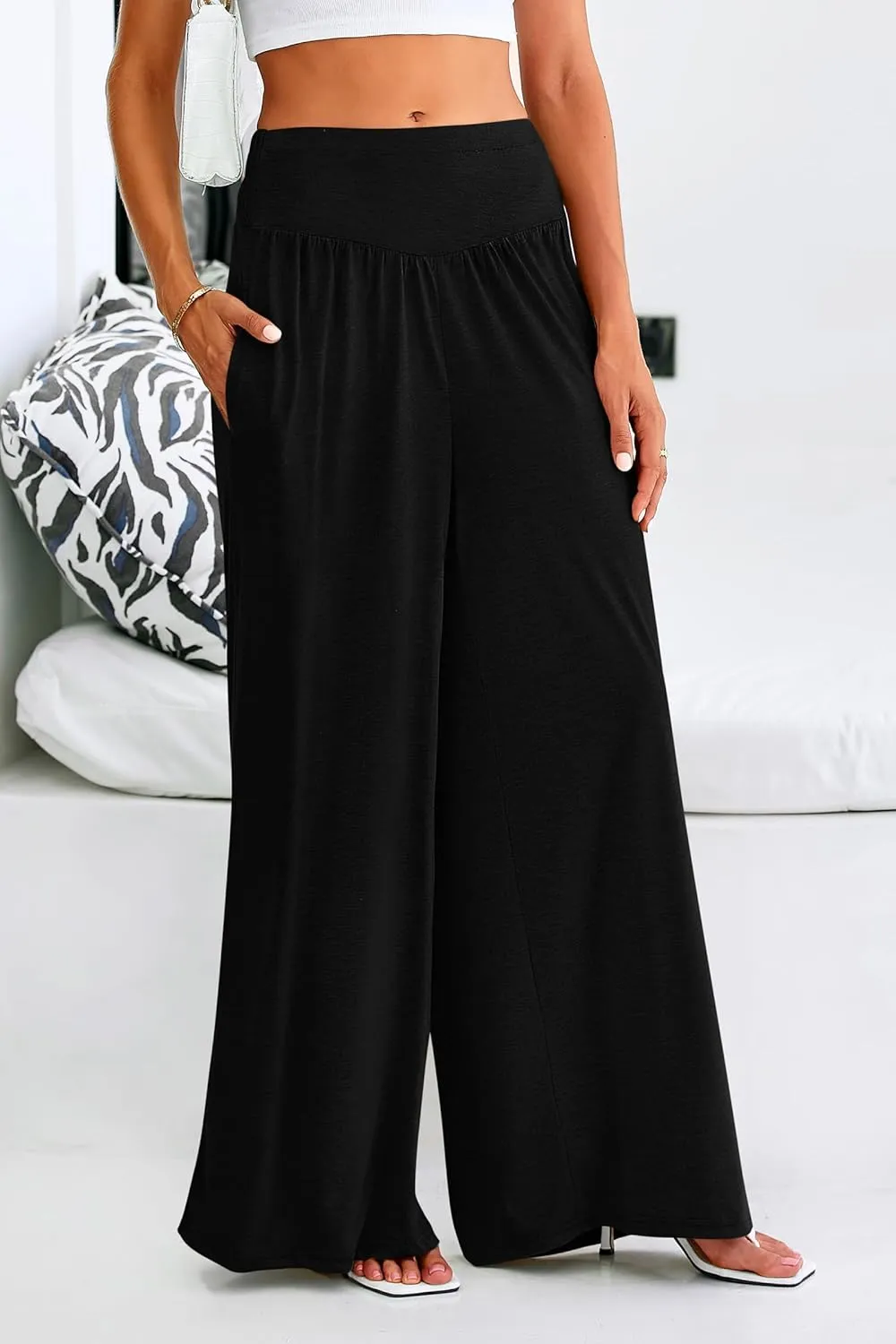 PRETTYGARDEN Women's Summer Wide Leg Trouser Pants Casual High Waisted Flowy Palazzo Lounge Pant with Pockets