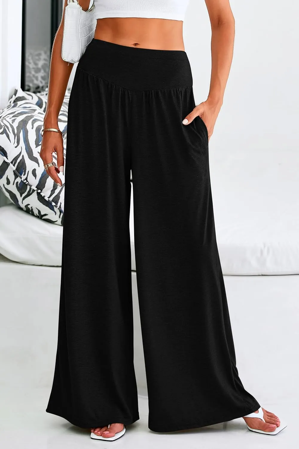 PRETTYGARDEN Women's Summer Wide Leg Trouser Pants Casual High Waisted Flowy Palazzo Lounge Pant with Pockets