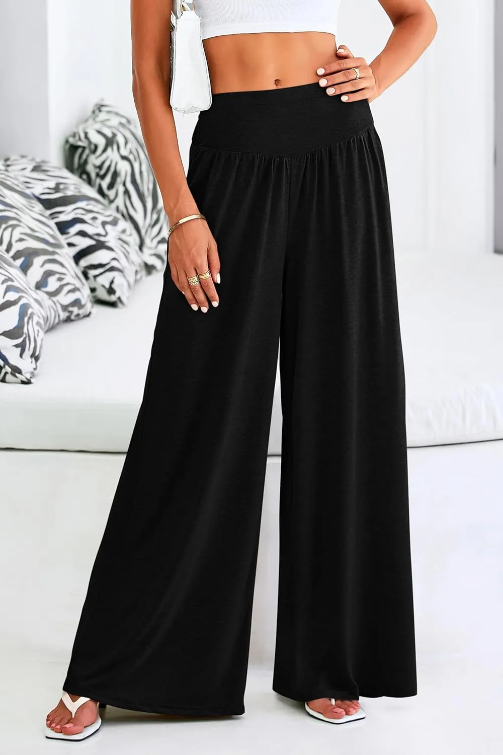 PRETTYGARDEN Women's Summer Wide Leg Trouser Pants Casual High Waisted Flowy Palazzo Lounge Pant with Pockets