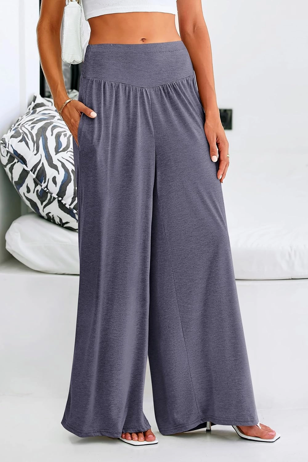 PRETTYGARDEN Women's Summer Wide Leg Trouser Pants Casual High Waisted Flowy Palazzo Lounge Pant with Pockets