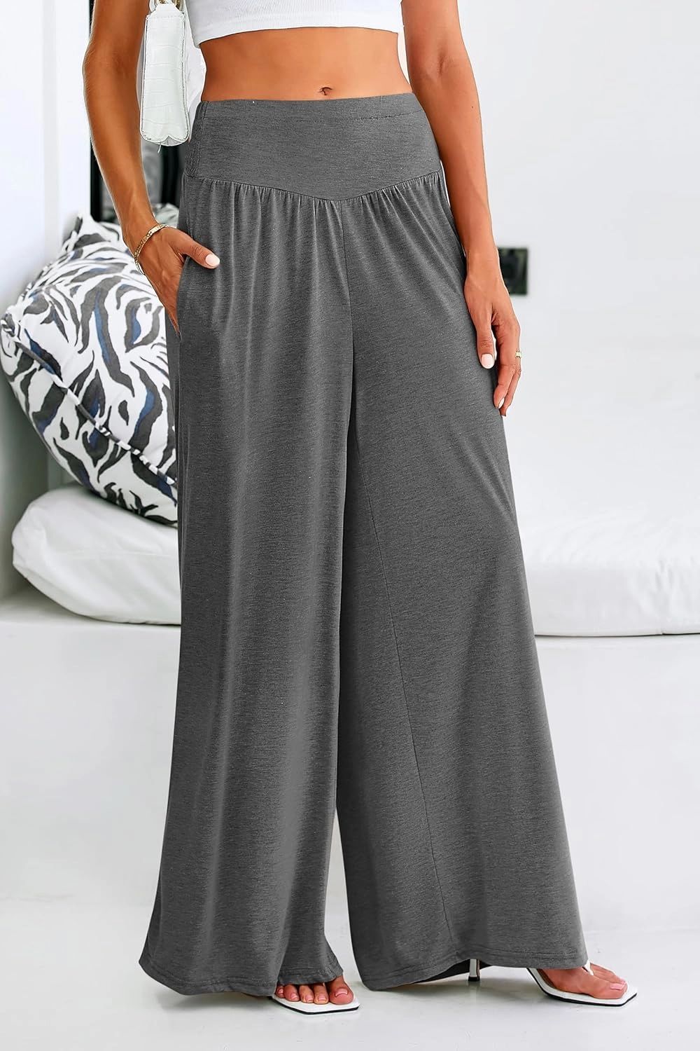 PRETTYGARDEN Women's Summer Wide Leg Trouser Pants Casual High Waisted Flowy Palazzo Lounge Pant with Pockets