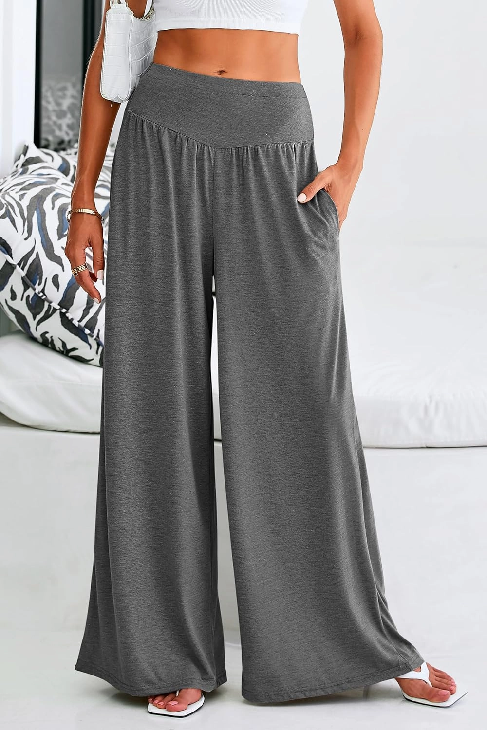 PRETTYGARDEN Women's Summer Wide Leg Trouser Pants Casual High Waisted Flowy Palazzo Lounge Pant with Pockets