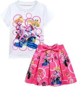 Princess Peach Cosplay Costume Girls Kids Cartoon Short Sleeve Tutu Skirt Dance Dress 2Pcs Outfit Top Tee