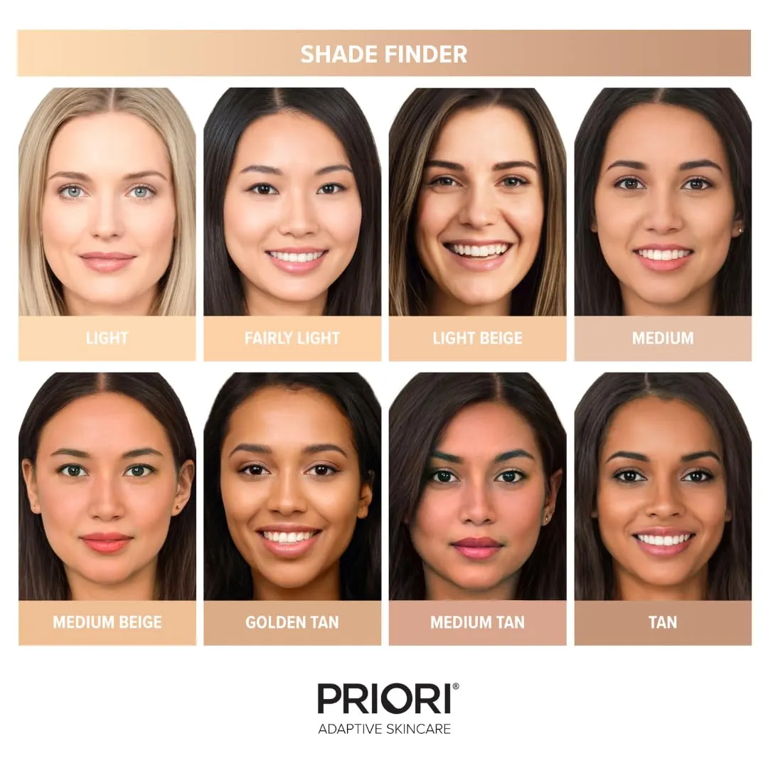 PRIORI Skincare Mineral Foundation, Natural Loose Make Up Powder, Sunscreen Protection, Advanced Skin Correction, Recommended for Sensitive Complexion
