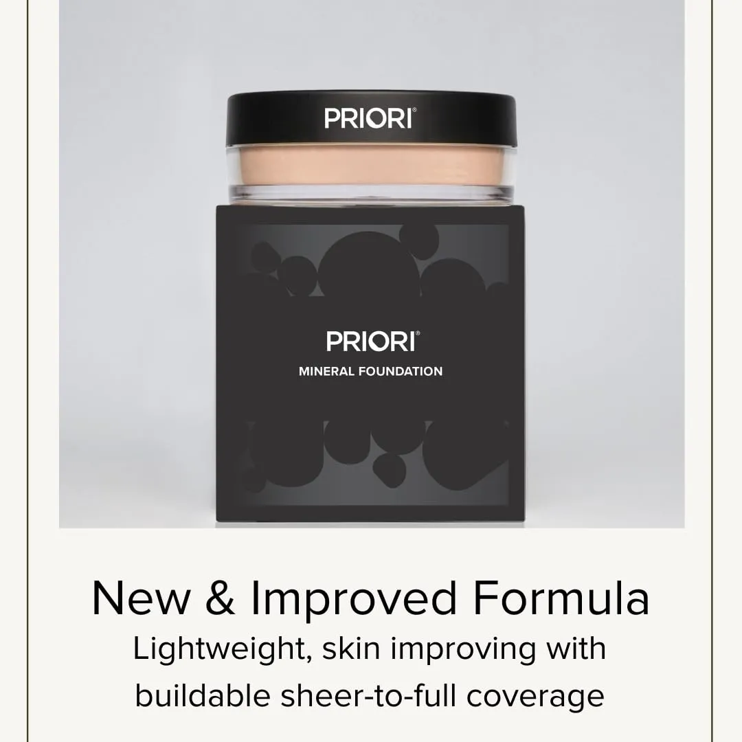 PRIORI Skincare Mineral Foundation, Natural Loose Make Up Powder, Sunscreen Protection, Advanced Skin Correction, Recommended for Sensitive Complexion