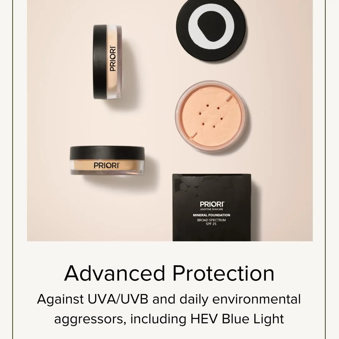 PRIORI Skincare Mineral Foundation, Natural Loose Make Up Powder, Sunscreen Protection, Advanced Skin Correction, Recommended for Sensitive Complexion