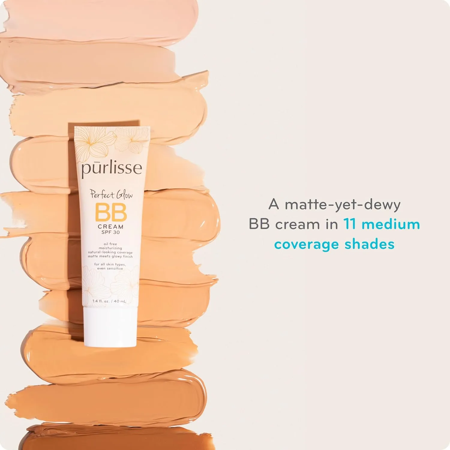pūrlisse Perfect Glow BB Cream with SPF 30 - Matte Meets Dewy Finish - Enriched with Goji & Hawthorn Berry to Help Improve Skin Texture & Radiance - Medium Golden (1.4 oz)