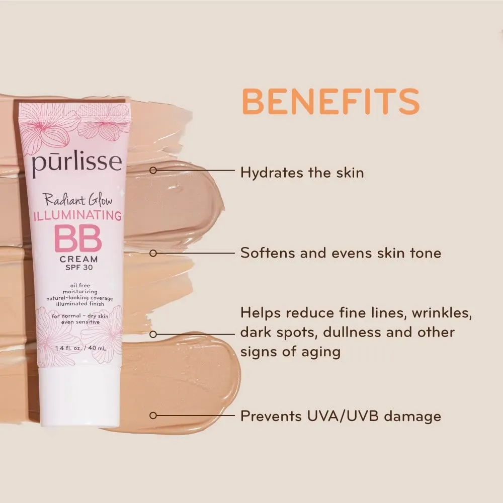 pūrlisse Radiant Glow Illuminating BB Cream with SPF 30 - Glow BB Cream Enriched with Goji & Hawthorn Berry for Dewy Skin - Helps to Improve Skin Texture & Radiance - Light (1.4 oz)