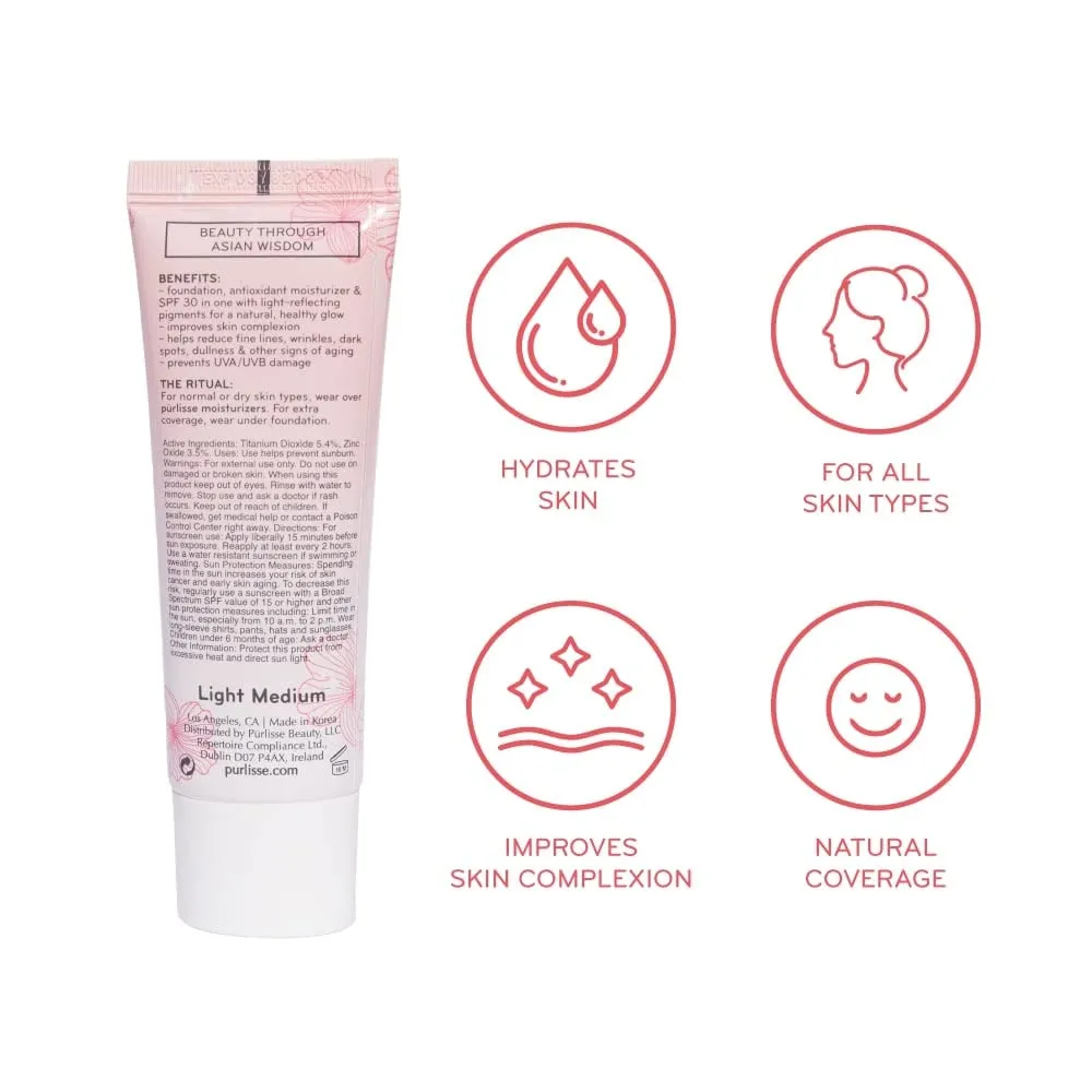 pūrlisse Radiant Glow Illuminating BB Cream with SPF 30 - Glow BB Cream Enriched with Goji & Hawthorn Berry for Dewy Skin - Helps to Improve Skin Texture & Radiance - Light (1.4 oz)