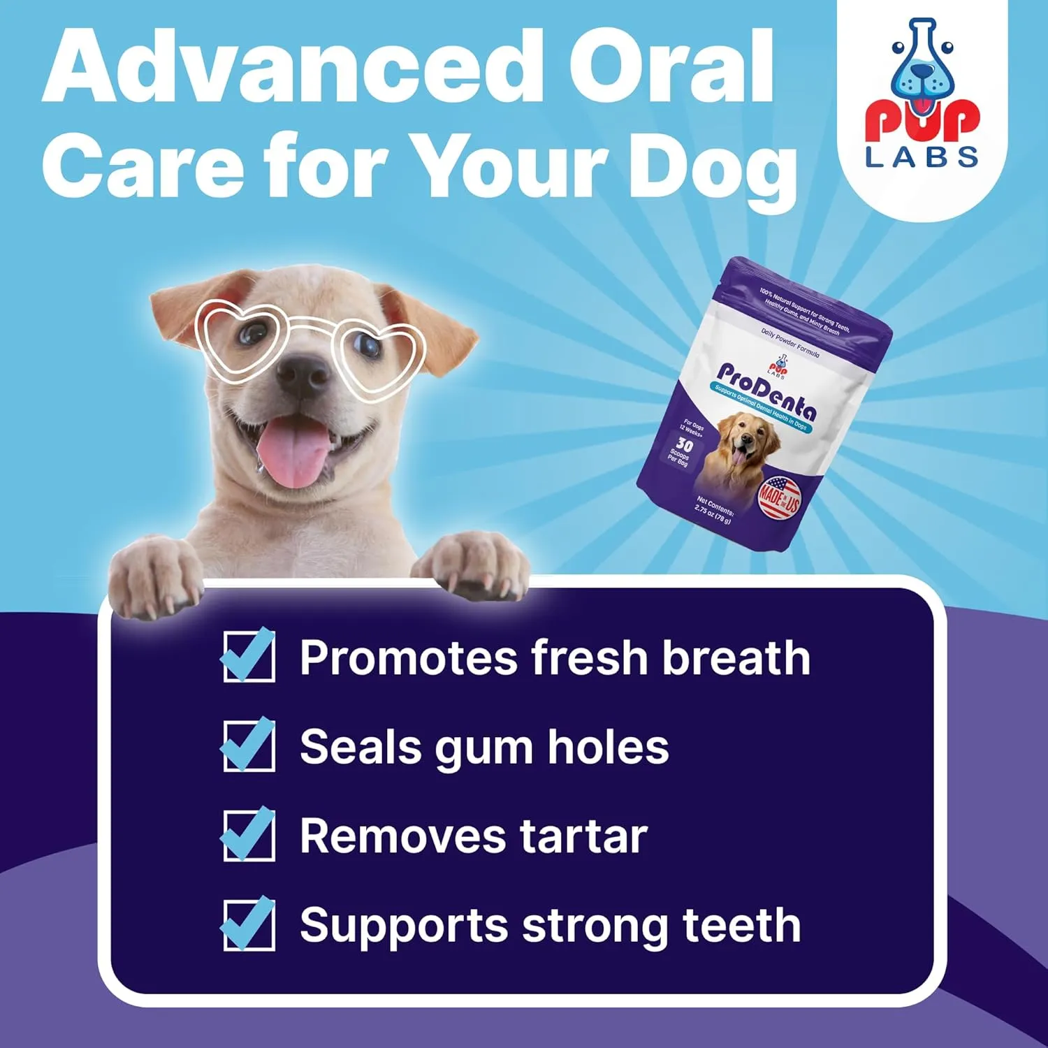 ProDenta, All-Natural Dog Breath Freshener, Easy-to-Use Dog Teeth Cleaning Powder Against Leaky Gums, Dental Powder for Dogs Teeth and Tartar Remover Made in USA, 30 Scoops