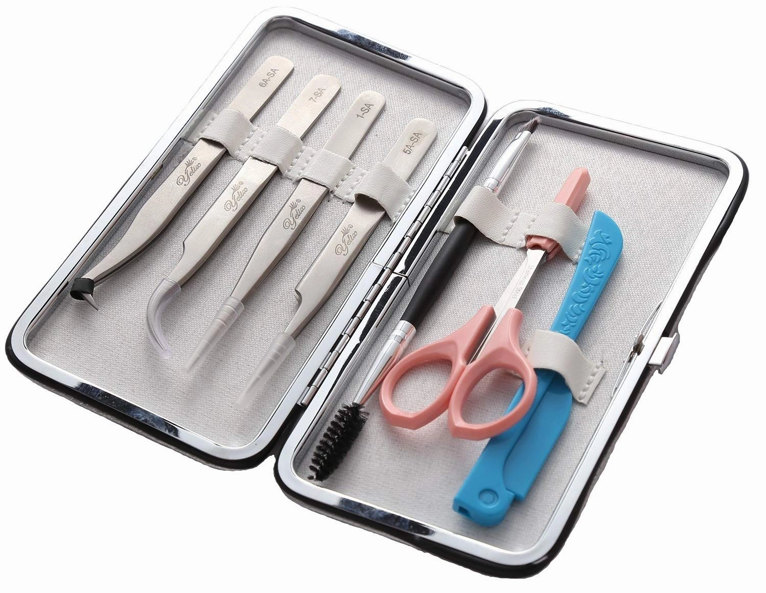 Professional Eyelash Extensions Tools Kit Set of 8 PCS - Yelix SA Series Stainless Steel Tweezers/Makeup Scissors/Eyebrow Knife/Eyelash Brush/Tweezers Case