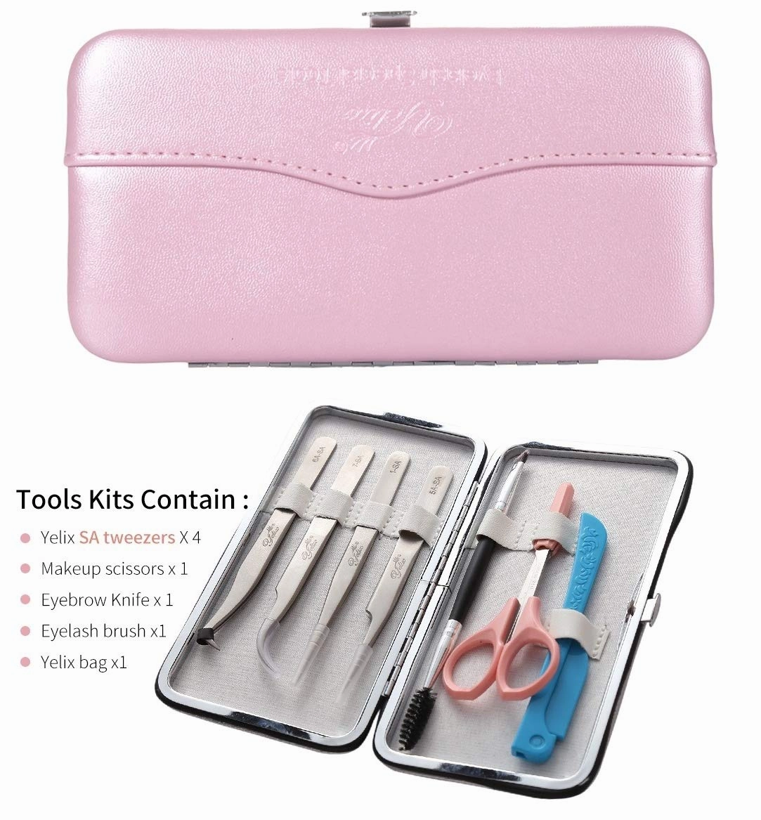 Professional Eyelash Extensions Tools Kit Set of 8 PCS - Yelix SA Series Stainless Steel Tweezers/Makeup Scissors/Eyebrow Knife/Eyelash Brush/Tweezers Case