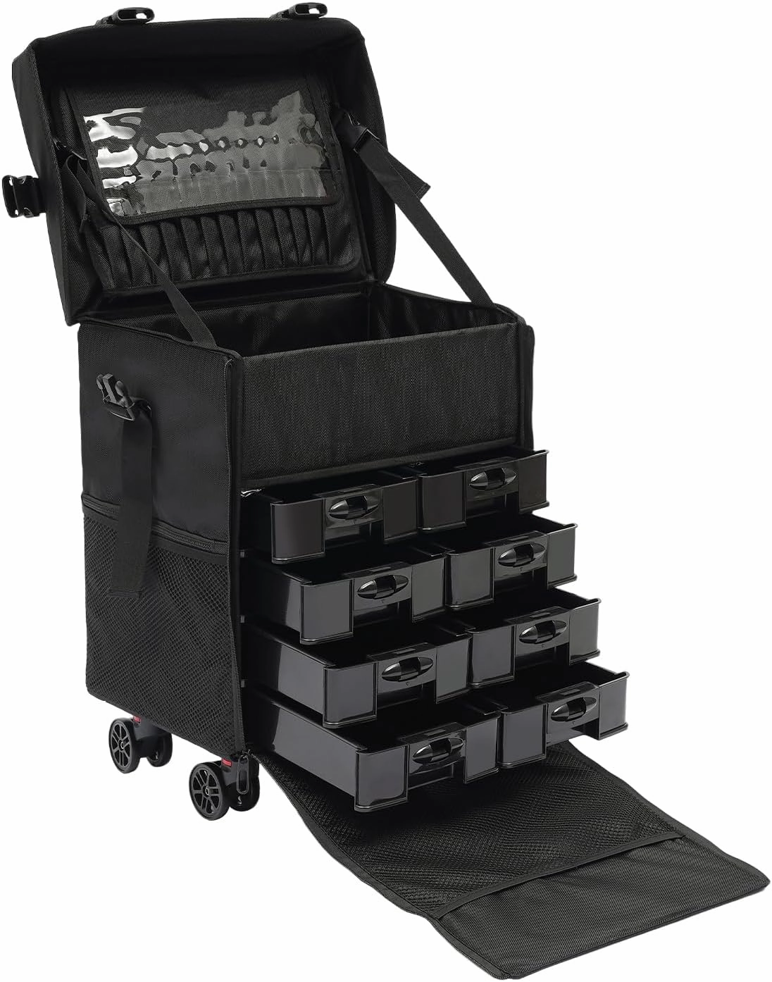 Professional Soft Sided Makeup Case Trolley,Rolling Makeup Case, Makeup Suitcase with Wheels, Trolley for Makeup Artist Nail Technician Hairstylist,Black