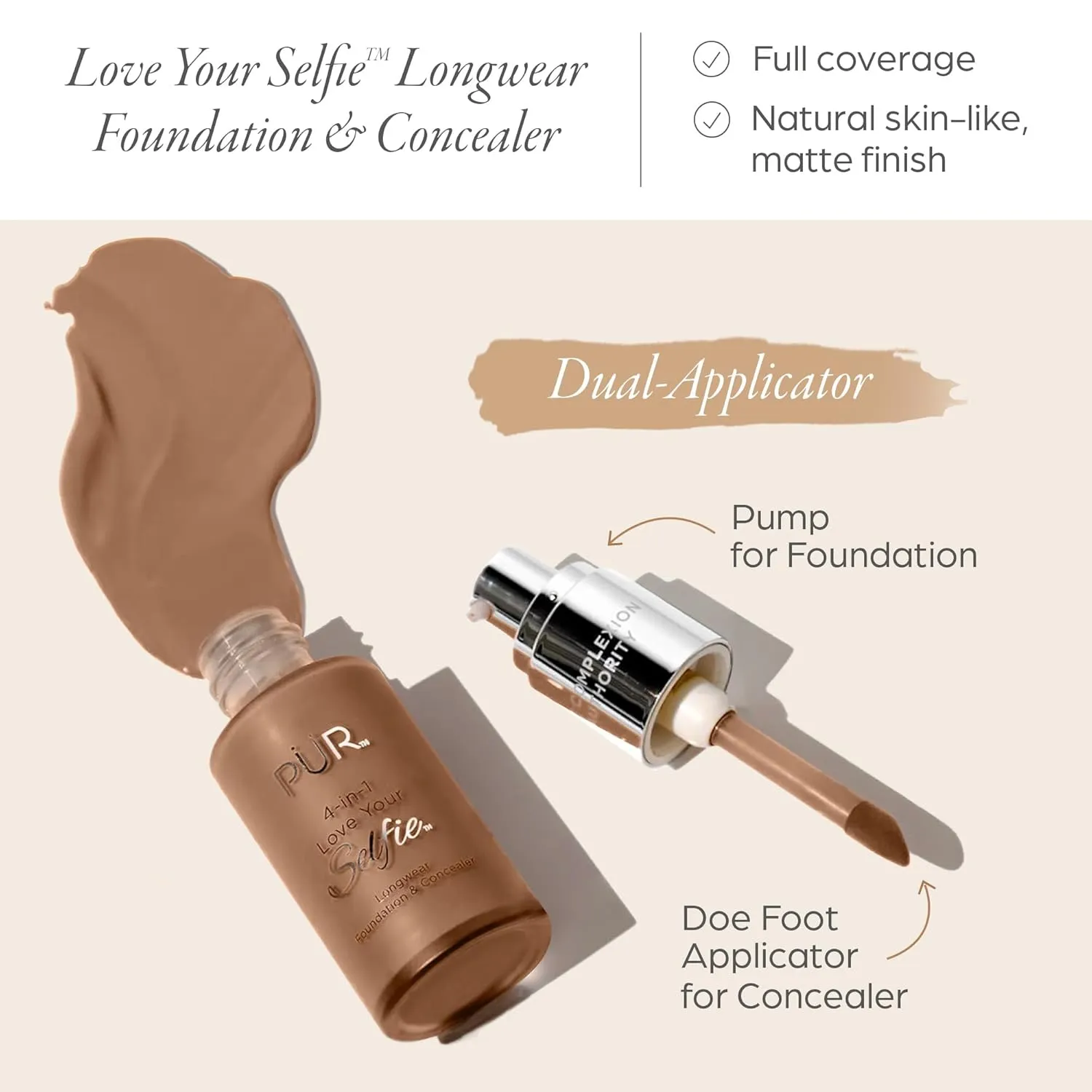 PUR Beauty 4-in-1 Love Your Selfie Foundation & Concealer - Longwear Full Coverage Liquid Makeup Foundation with Hydrating Blend for Refined-Looking, Natural Beauty Glow, Skin Texture & Tone