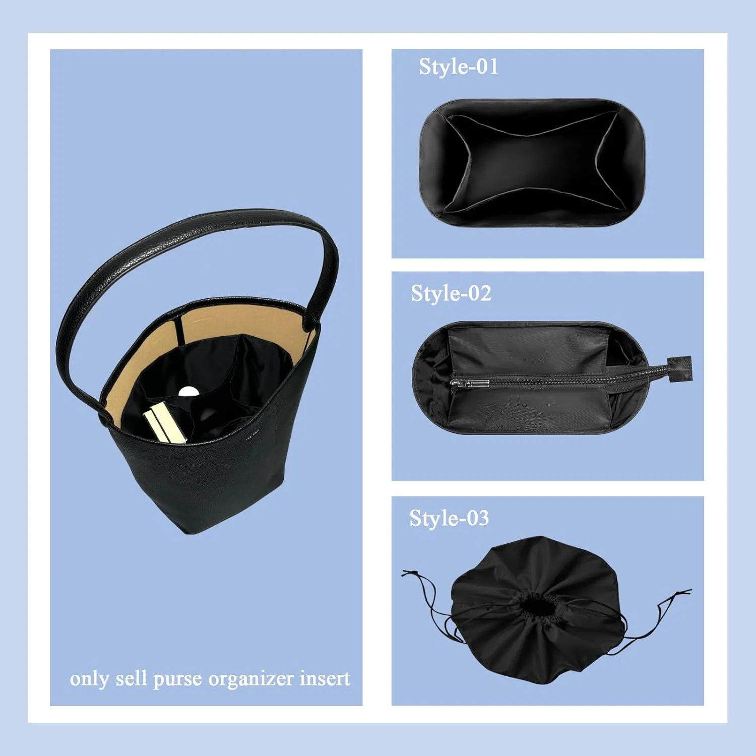 Purse Organizer Insert for The Row Park Bucket Bag - Multiple Pockets, Lightweight Zipper Organizer (Style-03, Medium)