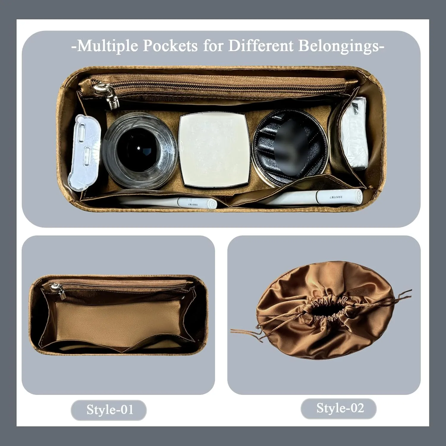 Purse Organizer Insert, Silk Satin Inside Bag Insert for Loewe Hammock Bucket Bag Mini Drawstring Liner Bag Organizer Insert Handbag Organizer (Style-02, New-S)