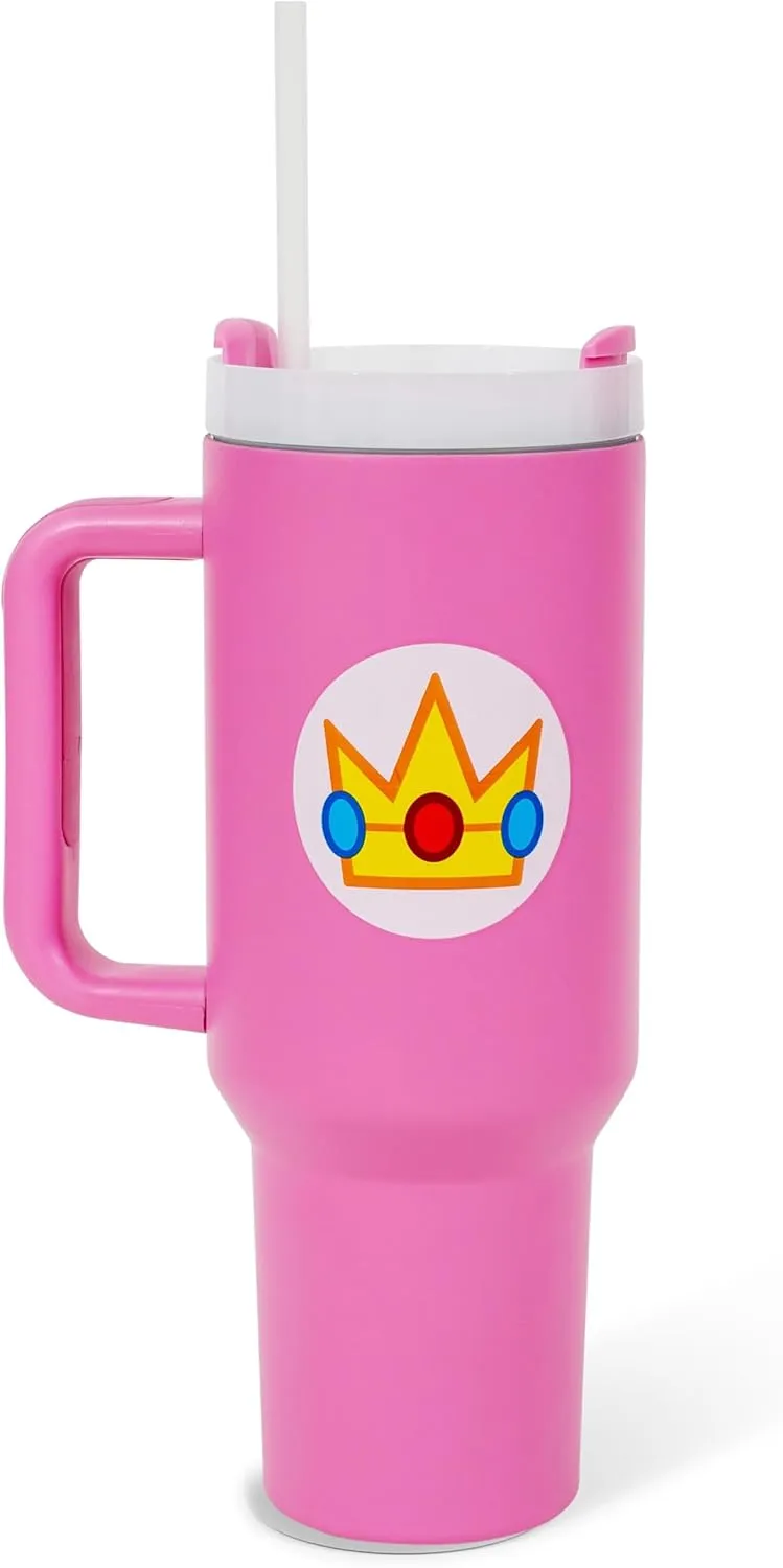 Pyramid America Super Mario Bros. Princess Peach Icon Metal Travel Tumbler With Leak-Resistant Lid and Reusable Straw | Holds 40 Ounces