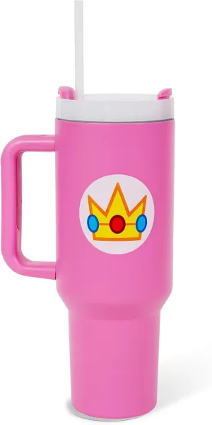 Pyramid America Super Mario Bros. Princess Peach Icon Metal Travel Tumbler With Leak-Resistant Lid and Reusable Straw | Holds 40 Ounces