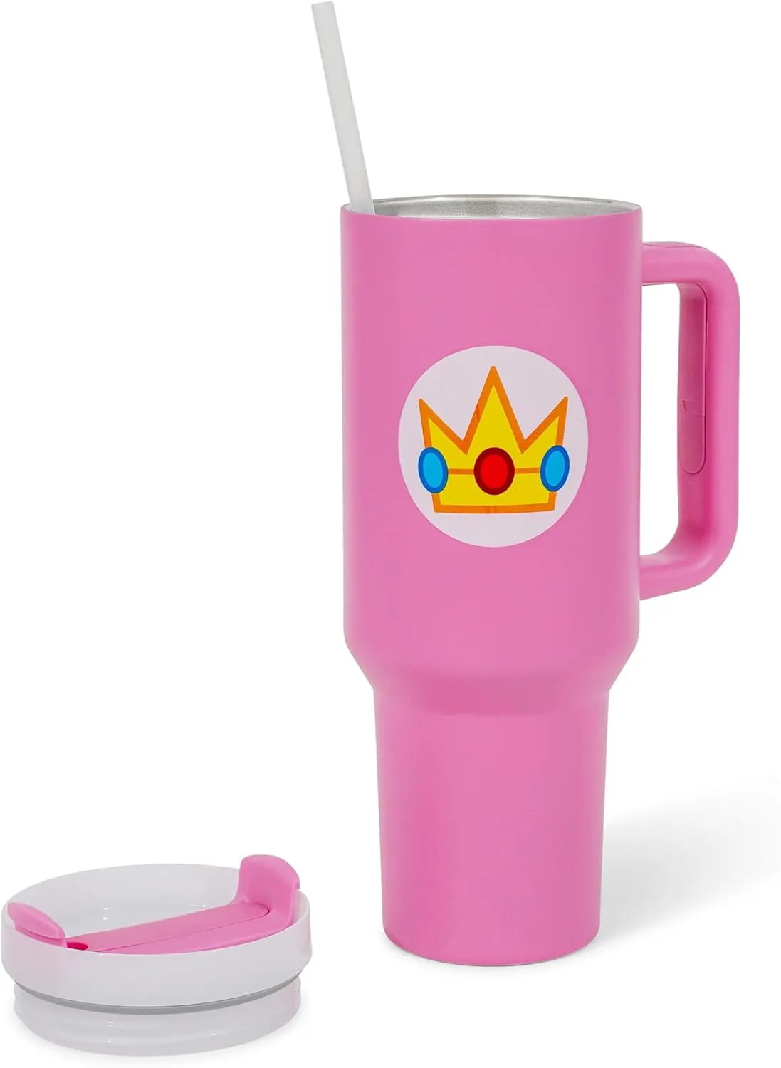 Pyramid America Super Mario Bros. Princess Peach Icon Metal Travel Tumbler With Leak-Resistant Lid and Reusable Straw | Holds 40 Ounces