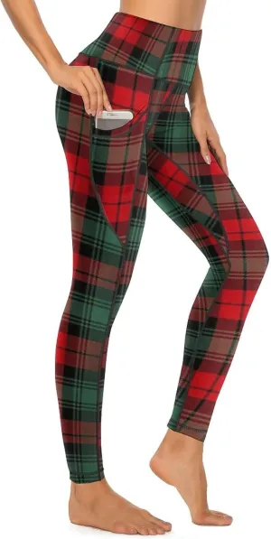 QIVICIMA Womens High Waist Workout Leggings Halloween Christmas Gym Plaid Printed Tummy Control Yoga Pants with Pockets